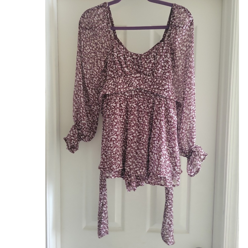 Francesca's Mi Ami Burgundy Floral Sheer Long Sleeve Romper Small 26CE97LXVD